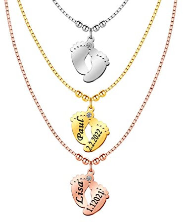 Gravur Babyfüße Edelstahl Namenskette für Mutter Name Datum Halskette mit Kindernamen Personalisierte Damenkette Anhänger Buchstabenkette Babykette Mütter Halskette Geschenk für Mom Mama Oma