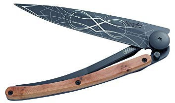 deejo - Couteau de Poche Pliant 37g - Manche en Bois de Genévrier, Lame en Acier Inoxydable Z40C13 - Motif Infini - Couteau de Table, Randonnée, Camping, Bivouac