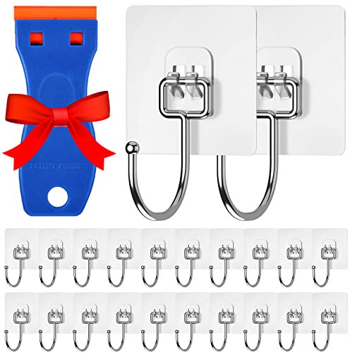 VEGCOO 20 Pcs Self Adhesive Hooks Heavy Duty 44 lb/20kg (Max), No Nails Strong Adhesive Wall Hooks with Removal Scraper, Waterproof Bathroom Kitchen Sticky Hooks for Hanging Towel Kitchen Utensils