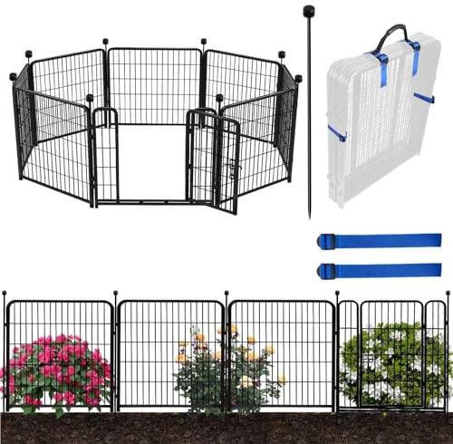 ADAVIN 81,3 cm (H) Gartenzaun mit niedrigem Schwellentor, 8 Paneele, insgesamt 50 cm (L) hoch, Gartenzaun für Hochbeete, Outdoor- oder Indoor-Hunde-Laufstall, schwarzes Eisen-Metall, robuster