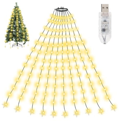SALCAR Christmas Tree Lights, 2m x 10 Strands 200 Warm White LED Fairy Lights for 6-8ft Xmas Trees, USB Powered with 8 Modes, Timer, Memory, Easy Install for Indoor/Outdoor Decorations