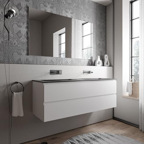 BERNSTEIN Badmöbel-Set Ava 140cm bestehend aus Mineralguss-Doppel-Waschbecken mit Unterschrank in Weiß matt, Waschtisch BRUXELLES - Schwarz matt ohne Hahnloch, Ideal für große Bäder