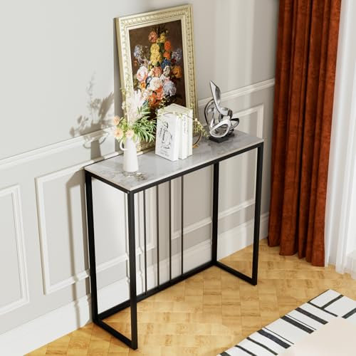 FATIVO Konsolentisch Smaragd Weiß 80 cm Flurtisch Marmor, Sofatisch Skandinavisch Beistelltisch Modern Eingangstisch mit Schwarz Metallgestell Luxus Eingang Dekotisch für Wohnzimmer 80×30×78.5 cm