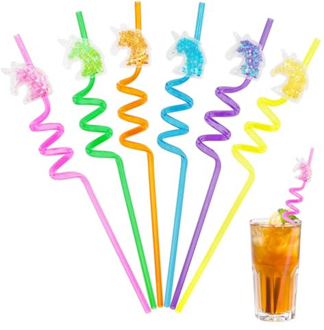 Yeefunjoy 6 Pièces Pailles en Plastique Réutilisables, Pailles en Licorne pour Enfants Pailles à Boire, Spirales en Plastique Rigide Bouclées Réutilisables Pailles pour fête d'anniversaire Décoration