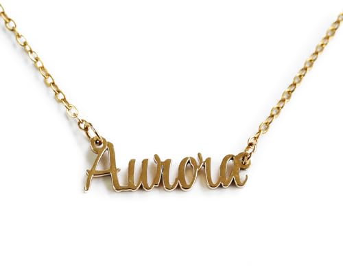 Hairyworm Personalised Necklace with Name and Faux Leather Gift Pouch, Custom 18K Gold Plated Necklace, Sterling Silver Plated, Rose Gold Plated Pendant with Chain 14, 16, 18, 20, 22 inch, Font 3