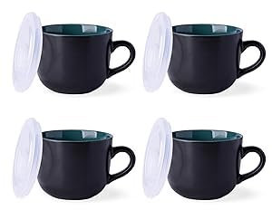 GBHOME Juego de 4 tazas de sopa de cerámica con tapa de 700 ml con asa para café, cereales, ensaladas, pasta, té, platos hondos, aptos para microondas y lavavajillas