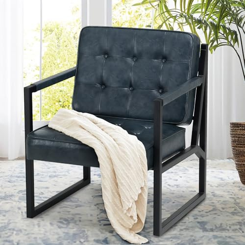 COLAMY Mid Century Modern Accent Chair Set of 1, Comfy Living Room Armchair with Metal Legs, Faux Leather Reception Arm Chair for Living Room Bedroom Reception Office, Blue