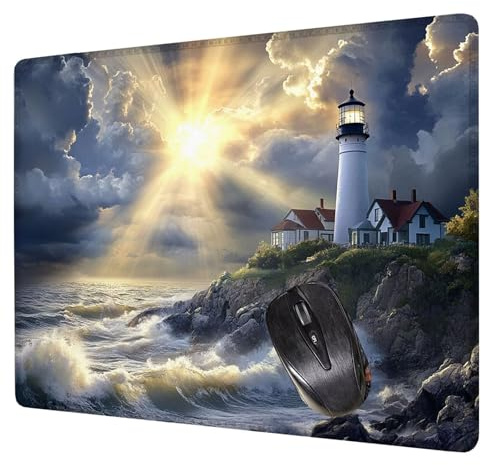Tapis de Souris Blanc 200x150x3mm Phare Tapis Souris, Base en Caoutchouc Antidérapante sous Main Bureau, Lavable, Portable Mouse Pad pour Travail, Gamer, Ordinateur, PC Accessoire Bureau H0-95