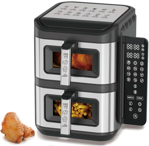 Freidora de Aire de 12L con Doble Cesta y Capacidad de 2X6L - Diseño Vertical Delgado, Ventilador de Ciclón, Pantalla Táctil Plegable, 10 Preajustes y Cocción Dual Sincronizada