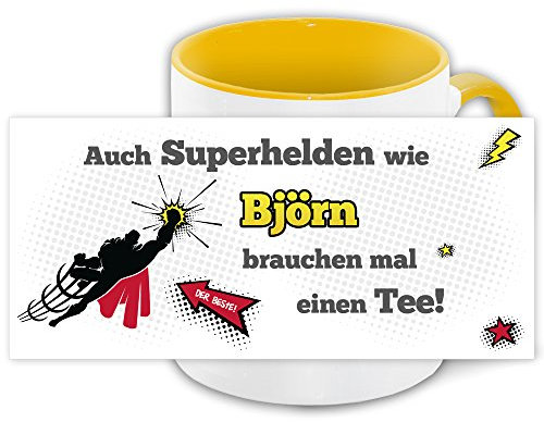 Namens-Tasse Björn mit Superhelden-Motiv für Teetrinker, gelb/weiss