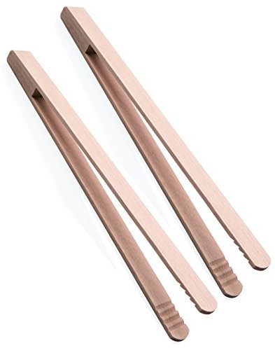 TAMLED 2 Stück Grillzange Gurkenzange 40 cm aus unbehandeltem Buchenholz geriffelte Aufnahme