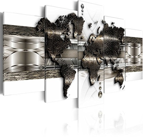 B&D XXL - Wandbilder XXL Weltkarte 200x100cm 5 tlg - Wand Deko Leinwand Bilder Groß Wanddeko Wohnzimmer Schlafzimmer Kunstdrucke - World Map Landkarte Kontinente Abstrakt weiß