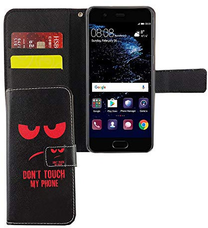 König Design Handyhülle Kompatibel mit Huawei P10 Handytasche Schutzhülle Tasche Flip Case mit Kreditkartenfächern - Don't Touch My Phone Rot Schwarz