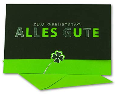 Geburtstagskarten Set 10 Stück mit Umschlag Grün DIN B6 - Motiv Kleeblatt Grün - Silberne Premium Folienprägung mit Ausstanzung - Glückwunschkarte Geburtstag Klappkarte