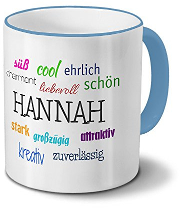 printplanet Tasse mit Namen Hannah - Positive Eigenschaften von Hannah - Namenstasse, Kaffeebecher, Mug, Becher, Kaffeetasse - Farbe Hellblau