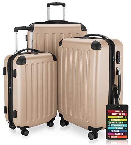 Hauptstadtkoffer - Spree - 3er Koffer-Set + Kofferanhänger - Handgepäck 55 cm, mittelgroßer Koffer 65 cm, großer Reisekoffer 75 cm, TSA, 4 Rollen, Champagner