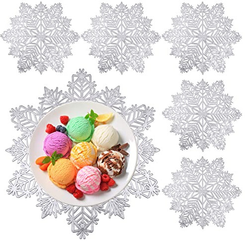 Weihnachten Platzset, Tischmatte, 6er Platzsets PVC Schneeflocken-tischset für Weihnachten, Geburtstag, Hochzeit, Bankett, Waschbar,Schneeflocke Hohles Tischset, Antifouling Platz-Matten (Silber)