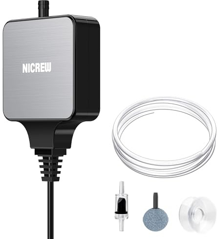 NICREW Nano Silent Aquarium Air Pump Black, Aquarium Aerator with Accessories for Up to 10 Gallon Fish Tank, Super Quiet, 0.3 L/min, 1.5 Watts