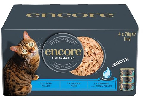 Encore 100% Natural Wet Cat Food, Fish Selection in Broth 70g Tin (4x70g)