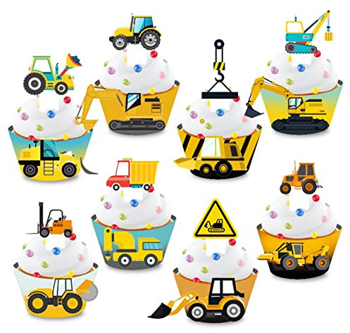 GoldRock 16 Stück Bagger Tortendeko Baustelle Muffin Deko Set, Bagger Geburtstag Cupcake Wrapper, Kuchendeko Geburtstag Junge, Tortendeko Auto, LKW Baufahrzeug Thema Küchendeko für Kindergeburtstag