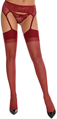 ROSVAJFY Medias Tirantes Encaje Mujer Medias Malla Transparentes, Calcetines Hasta Muslo Lencería Liguero Sexy, (FR/ES, Letras, Talla única, Regular, Regular, Borgoña)