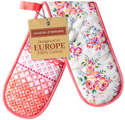 Maison d' Hermine Double Oven Mitts 100% Cotton 18 cm x 89 cm Double Oven Mitt Heat Resistant BBQ Cooking Gloves with Loop, Baking, Grilling, Home, Kitchen, Handling Hot Pans (Rose Garden)