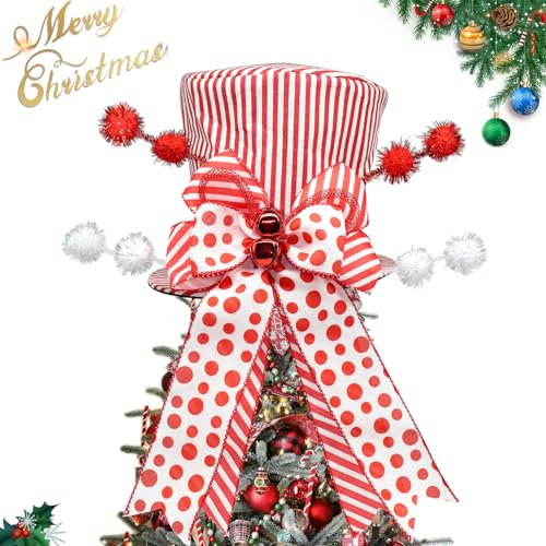 Montekin Christmas Tree Topper Hat with Bow, Red and White Stripes Top Hat Ornament with Red Polka Dot Bow, Winter Holidays Xmas Decor for Home Decoration