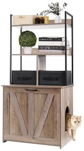 Dwanton Litter Box Enclosure with 2 Storage Shelves and 2 Drawers, 2-in-1 Hidden Cat Litter Box Enclosure Furniture with Shelf, Reversible Entrance, Washable Drawers, 50-Inch, Greige