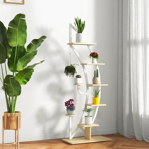 RELAX4LIFE 2 in 1 Scaffale Decoratico per Piante a 7 Livelli, Portafiori a Mezzaluna in Legno e Ferro, Porta Piante per Interno (1 PEZZI BIANCO)