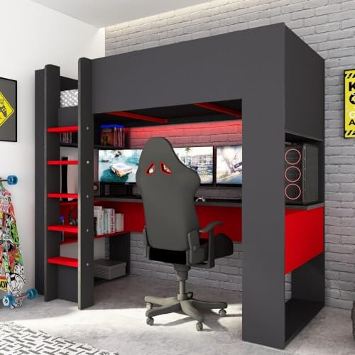 Letto a castello Gamex per bambino con scrivania da gamer colore antracite e rosso
