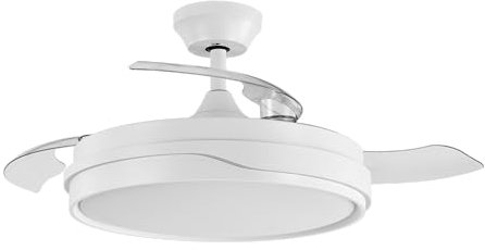 Abrila - Ventilador DC TEMPANO | Color Blanco con tres Aspas Desplegables | con 6 Velocidades Ajustables | con 3 Temperaturas de Luz | Mando a Distancia Incluido