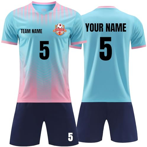 Faletony Personalisiertes Fussball Trikot Kinders Erwachsene Fusstball Shirt & Shorts Set mit Name Nummer Team Logo Personalisierte Fußballtrikot Jungs Mädchen (Polyester, Seeblau)