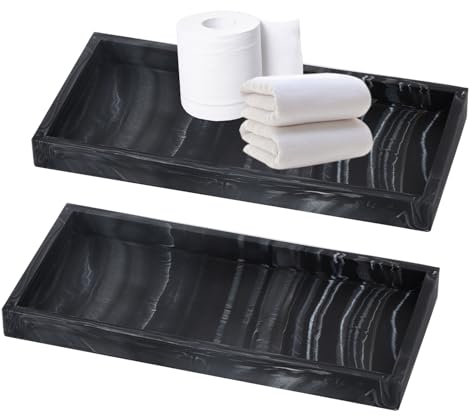 Qivine 2 Stück Badezimmer Tablett, 20 x 10 x 1,8 cm Rechteckig Silikon Teller Schwarz Marmorimitation Deko Tablett Schminktisch Badezimmertablett für Schmuck, Kerzen, Handtuch, Seife