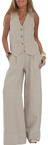 FeMereina Damen 2-teilige Outfits Leinen Passende Sets Trainingsanzug Knopf Tank Tops und Hose mit weitem Bein Set Business Arbeit Streetwear, beige, XL
