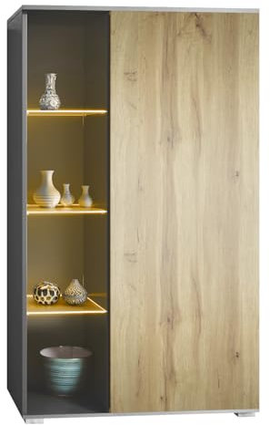 Vladon Vitrine Davos, Made in Germany, Standvitrine mit 3 Glasböden und 8 Fächer inkl. LED, Anthrazit matt/Eiche Wotan (71,5 x 134 x 35 cm)