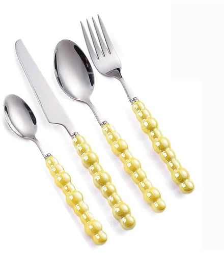 Pearl Ceramic Handle Kitchen Stainless Steel Silverware Tableware Flatware Cutlery Set Creative Hotel Home Steak Knife Dessert Spoon (Yellow,4 Pieces)