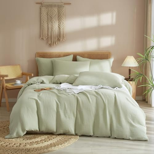 DXHOME Muslin Bettwäsche 135x200 Hellgrün Uni Baumwolle Bettwäsche-Sets Sommer Atmungsaktiv Kühlende Wendebettwäsche Weiche Bettbezug mit Reißverschluss + 1 Kissenbezug 80x80 cm