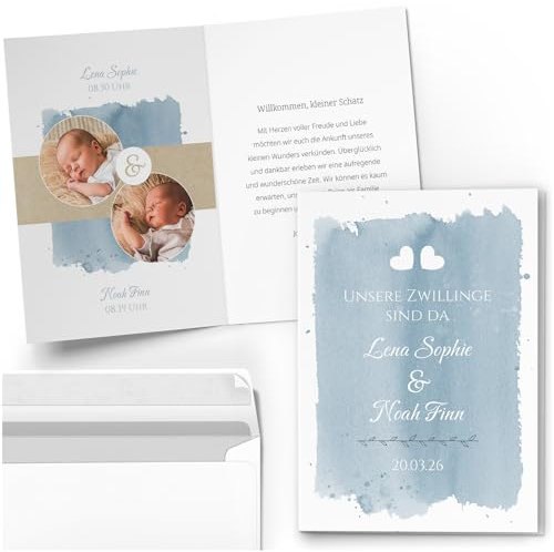 10 Geburtskarten mit Foto PERSONALISIERT Aquarell Zwillinge blau Mädchen Jungen Babykarten Geburt individuell Dankeskarten mit Umschlägen