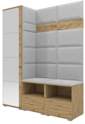 RAVIO Flurgarderobe 150 cm Ink. Schuhschrank mit Sitzbank & Garderobe mit Spiegel, Garderobe Set mit Garderobenpaneel, Wandpolster & Push to Open Türen - Artisan Eiche/Wandpaneel Hellgrau