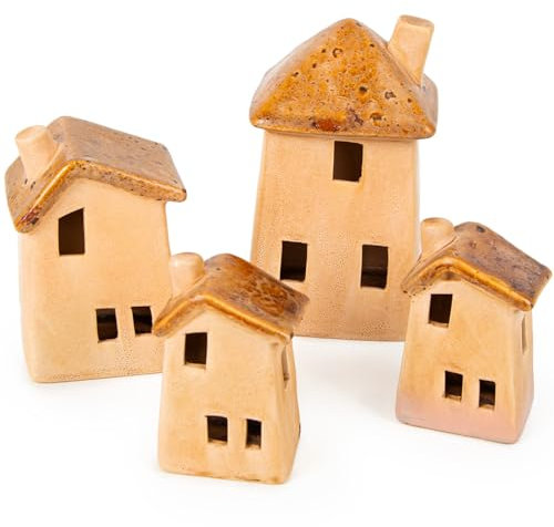 Logbuch-Verlag 4 kleine Häuser Weihnachten Keramik Deko Herbst Strandhäuser Gebäude Miniaturen 9-14 cm naturfarben mediterran