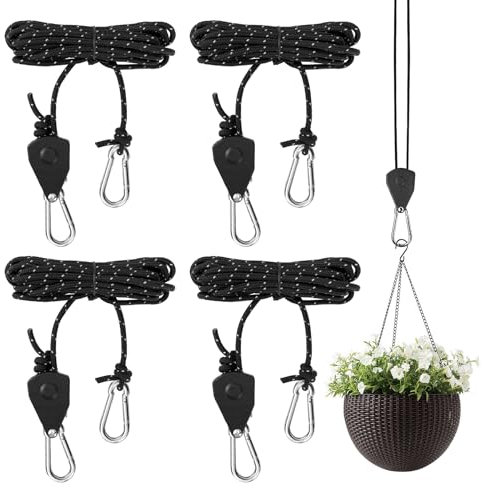 4 Piezas Trinquete de Cuerda, 4M trinquete de Cuerda con Gancho, 1/8 Adjustable Trinquete de Cuerda, Trinquete para Cuerda,Carraca de Cuerda ara Plantas,Camping,Lámpara,Tienda,Plantas de iluminación
