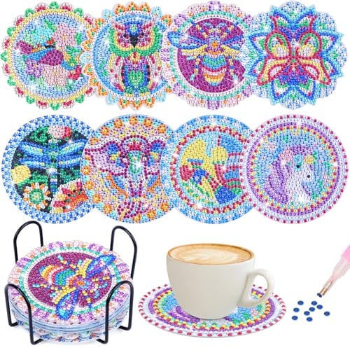 Diamond Painting Untersetzer mit Halter, 8 Stück Tierthema Diamond Painting Basteln für Tassen, 5D DIY Diamant-Painting Untersetzer Set für Anfänger Erwachsene Kinder