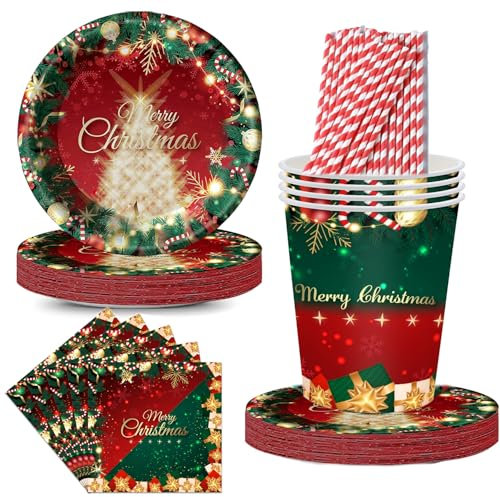 48Pcs Christmas Disposable Dinnerware Set for 12 Guests - 9 Inch Plates, Cups, Napkins, Straws With Red Green Snowflake Pattern - Party Tableware for Christmas Supplies