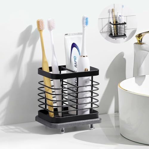 Shinowa Toothbrush Holder Wall Mounted for Bathroom 2 Slots | Stainless Steel Electric Toothbrush Toothpaste Holder with Fast Dry Tray, Adhesive and Countertop Bathroom Accessories