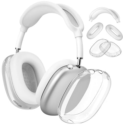 Kompatibel mit Airpods Max Case, Silikon für Airpods Max Hülle, Ersatz für Airpods Max Cover, 3 in 1 Anti Kratzer, Anti Staub Geeignet für Apple AirPods Max(Weiß+Transparent)