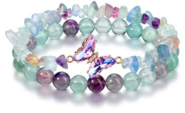 CrystalTears Flourit Armband Set Damen Kristalle Schmetterling Anhänger Splitterarmband+ 8mm elastischer Perlenarmband Amulett Schmuck spirituelle Geschenk