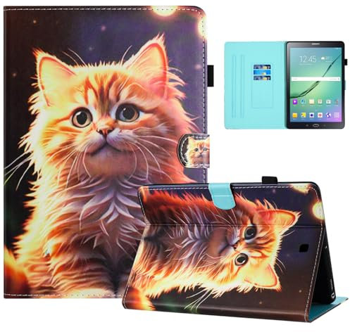 Auslbin Coloré en PU de Coque Samsung Galaxy Tab S2 9.7 2015/2016 Pouces, Coloré et Joli Motif, Étui à Rabat pour Tablette Tab S2/T810/T813 avec Support adapté Aux Films, Chat
