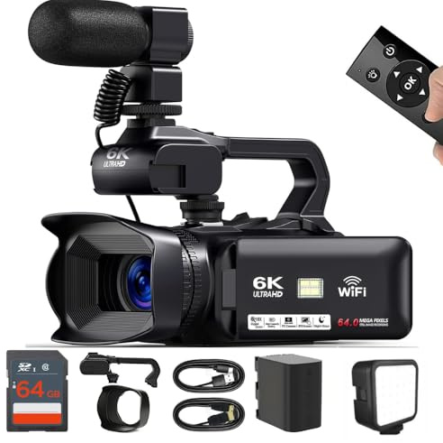 KLIOMAX Videocamera HD 6K, 64 MP, 60 FPS, videocamera 6K con microfono, WiFi, luce LED, scheda SD da 64 GB, batteria, webcam in diretta streaming YouTube per creatori di vlog e riprese