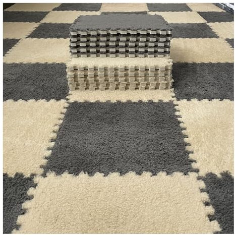 10-Pack Interlocking Carpet Tiles - Thick Plush Foam Flooring, Soft Non-Slip Carpet Rugs For Living Room & Play Areas, 12 X 12 Puzzle Mats(Apricot+Grey)