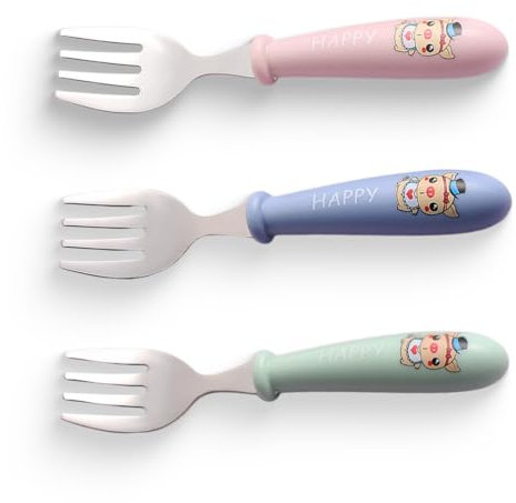 JEYORZY 3 Pezzi Forchetta Bambini Inossidabile Posate per Bambini Acciaio, Lavabile In Lavastoviglie senza BPA con supporto in silicone design anti-soffocamento per Neonati, Bambini(Porcellino)